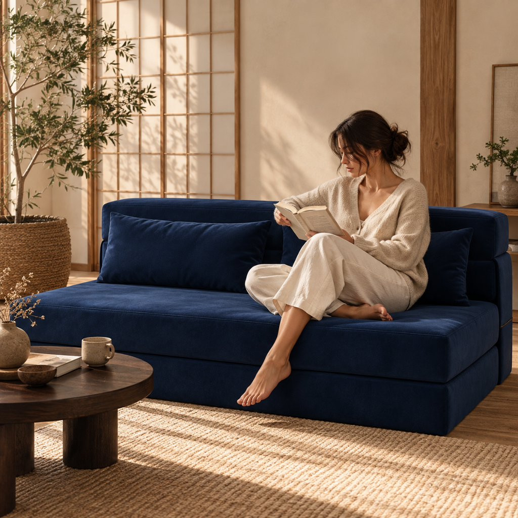 Canapé Futon Pliable Bleu Foncé