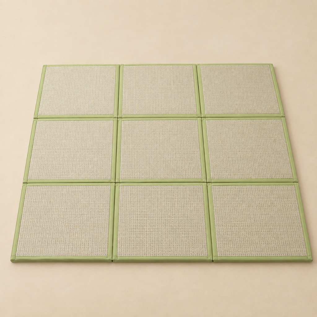 Neuf dalles tatami japonaises vertes assemblées, vue de dessus