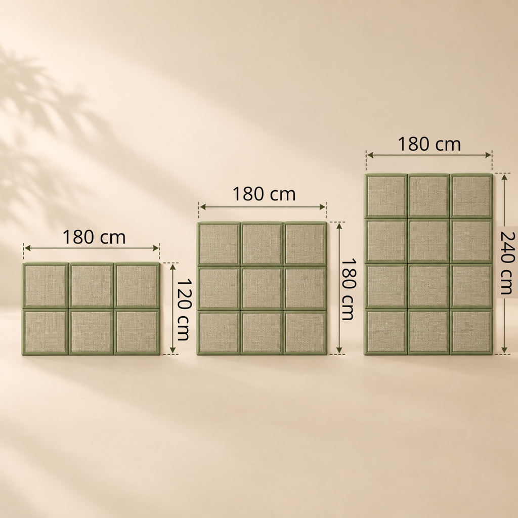 Dimensions des assemblages de dalles tatami vertes : 180 x 120, 180 x 180 et 180 x 240 cm