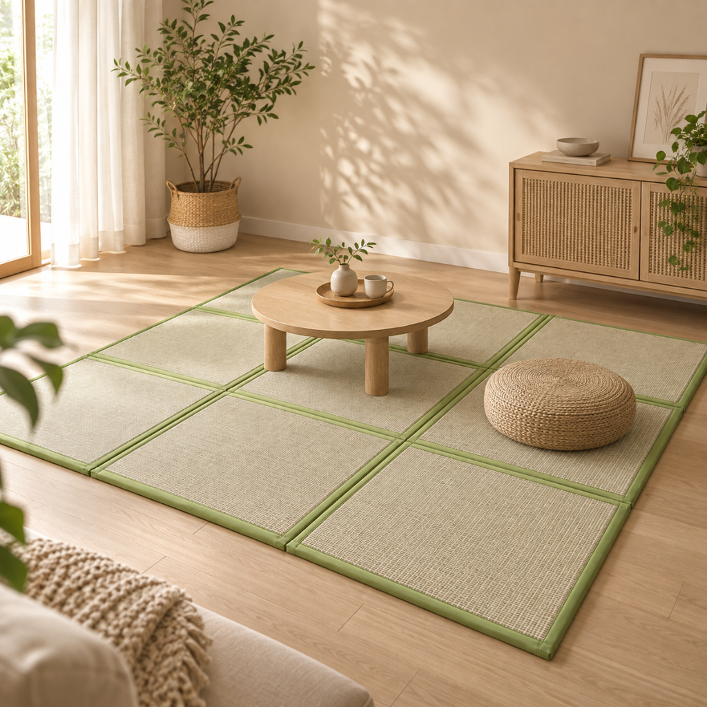 Salon avec table basse posée sur des dalles tatami japonaises vertes
