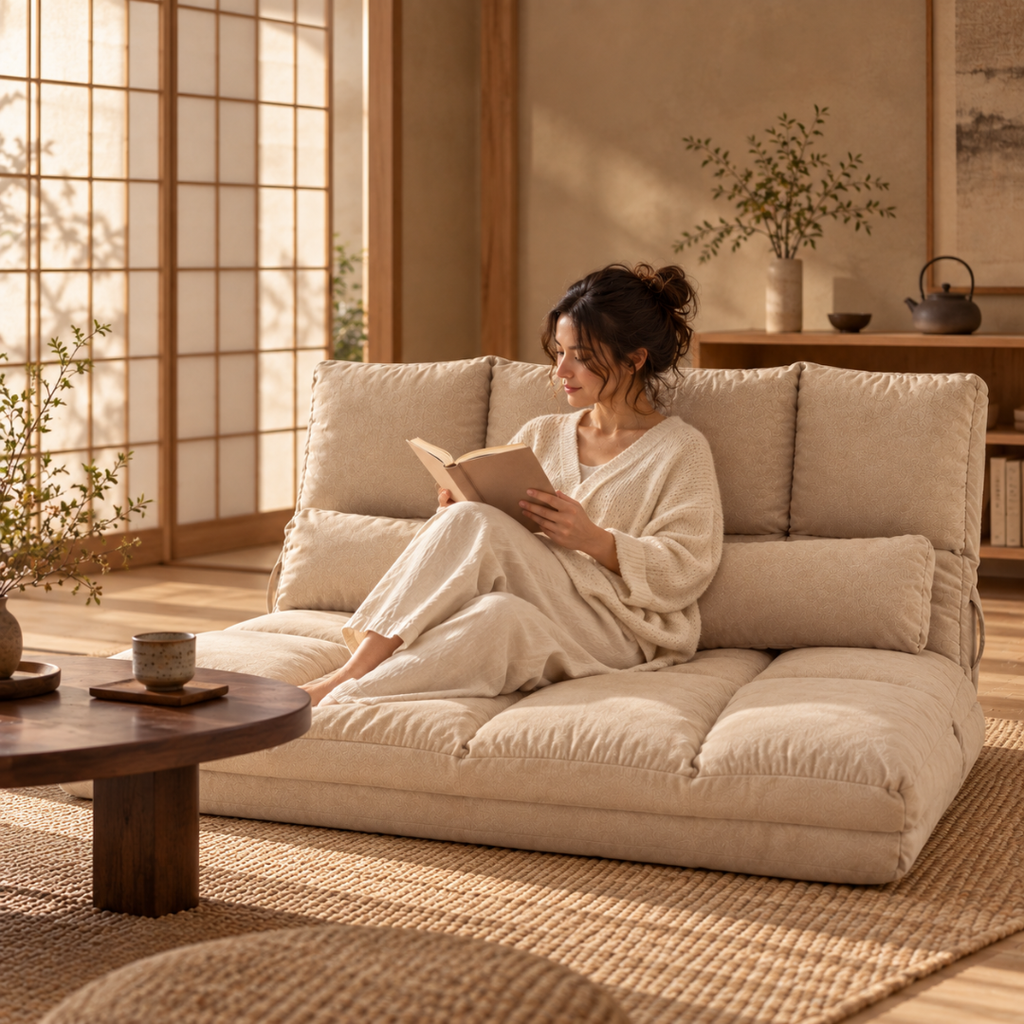 Canapé-Lit Futon Convertible Beige