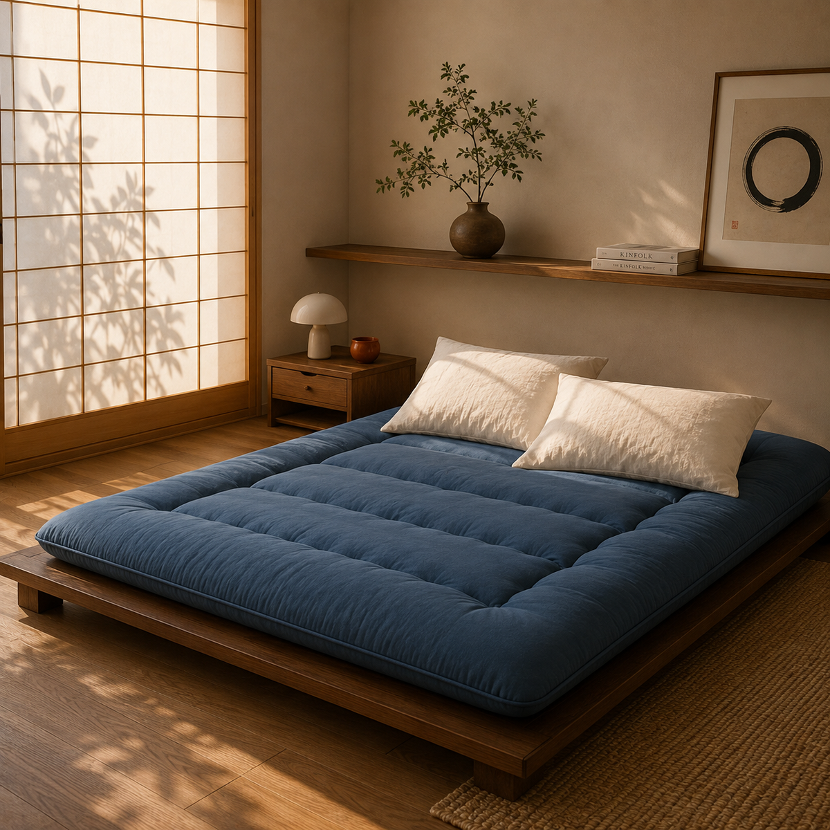 Matelas Futon Japonais Bleu en Coton