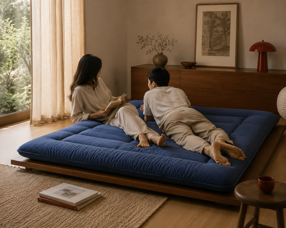 Matelas Futon Japonais Bleu en Coton